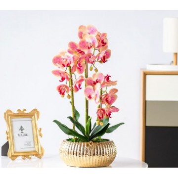 [Light Pink] 3 Stalks Artificial Phalaenopsis Orchid Big Gold Pot Artificial Flower Plant