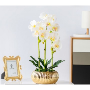 [White] 3 Stalks Artificial Phalaenopsis Orchid Big Gold Pot Artificial Flower Plant