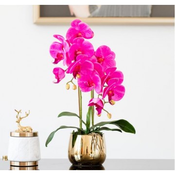 [ Purple - Pearl Type 1] 2 Stalks Artificial Phalaenopsis Orchid in Gold Pot Artificial Flower Plant