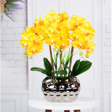 [Yellow -  Silver Pot ] Artificial Orchid in pots Ceramics Pot Orchid  Arrangements