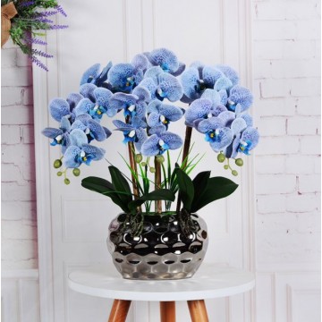 [Blue -  Silver Pot ] Artificial Orchid in pots Ceramics Pot Orchid  Arrangements