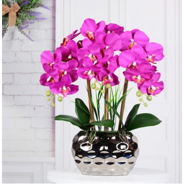 [Purple -  Silver Pot ] Artificial Orchid in pots Ceramics Pot Orchid  Arrangements