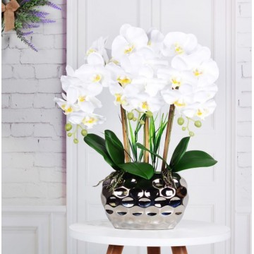 [White-  Silver Pot ] Artificial Orchid in pots Ceramics Pot Orchid  Arrangements
