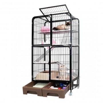 Metal Cat Cage (1.45m with In Built Litter/Storage Box)[Black/White]