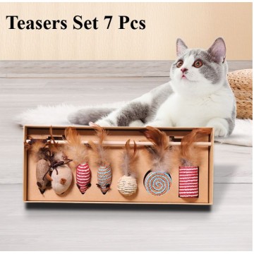 Teasers Set  7 Pcs A Set Cat Toys Collection Feather Toys For Cat In Gift Box  Natural Interactive Teaser Wand With Sisal Ball -